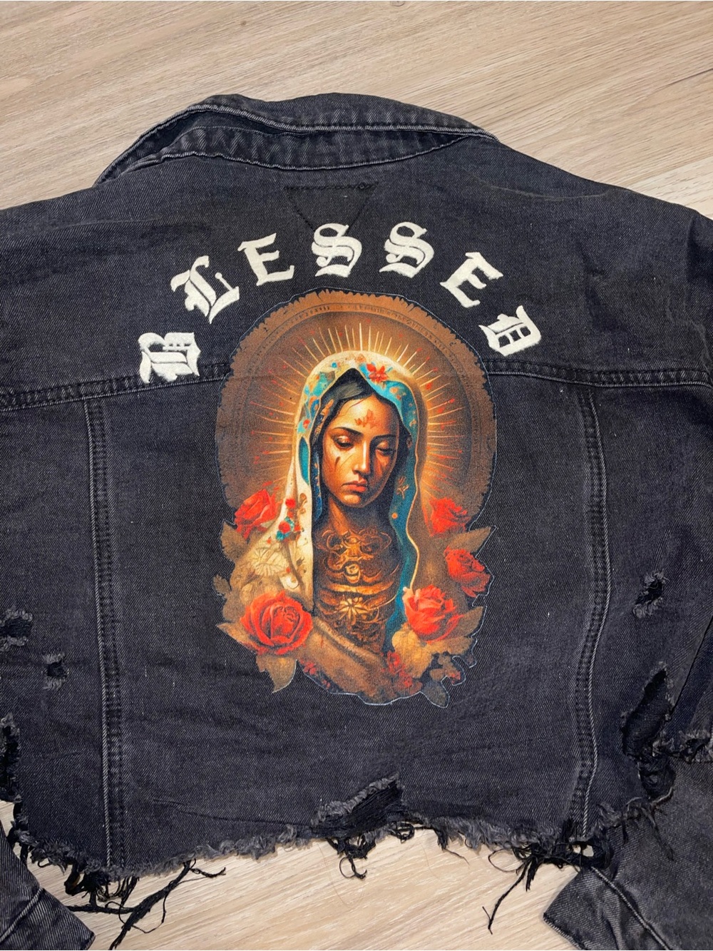 Trio Urban Blessed Virgin Mary Cropped Denim Jacket Black S/M - Picture 2 of 6